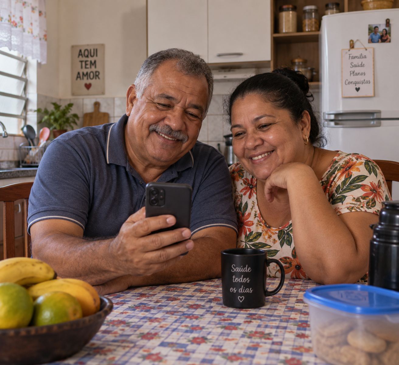 Casal sorrindo, usando o celular para uma teleconsulta Tipo2 em casa